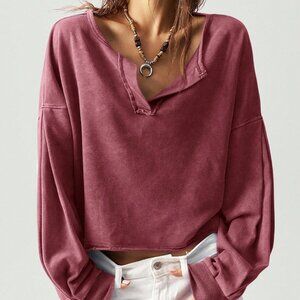 Burgundy Casual Women's V-Neck Long Sleeve Cropped Sweatshirt